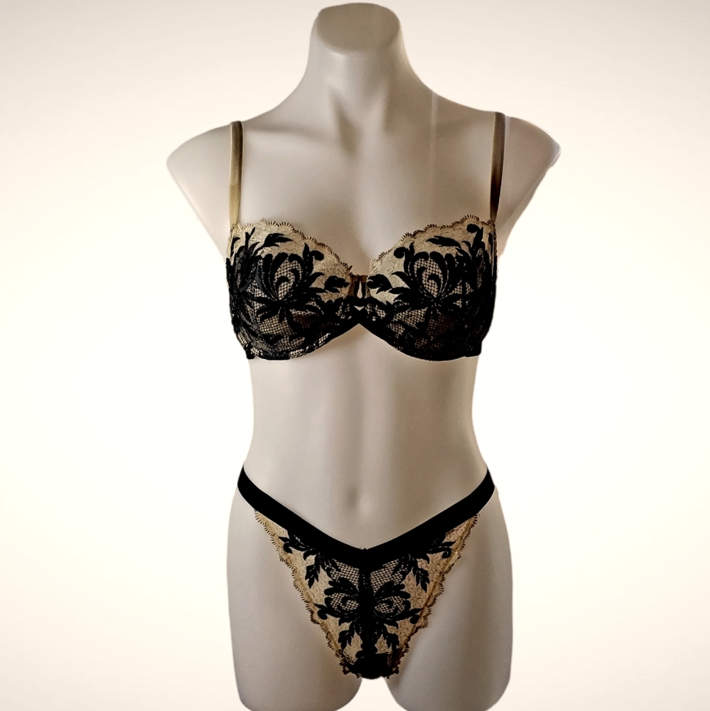Victoria's Secret Vintage Floral Embroidery lace Bra 36D and V-String Large
